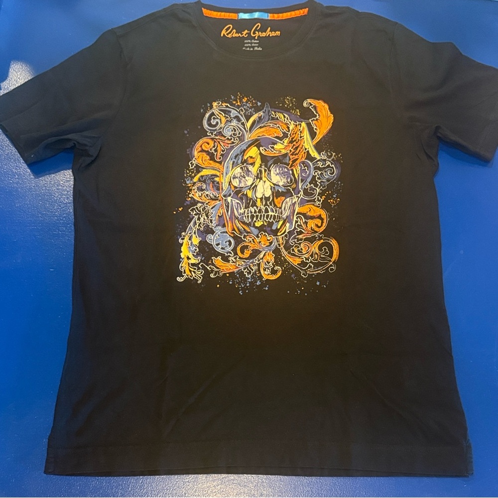 Robert Graham Men’s Splash Skull Graphic T-Shirt Black Orange Yellow M